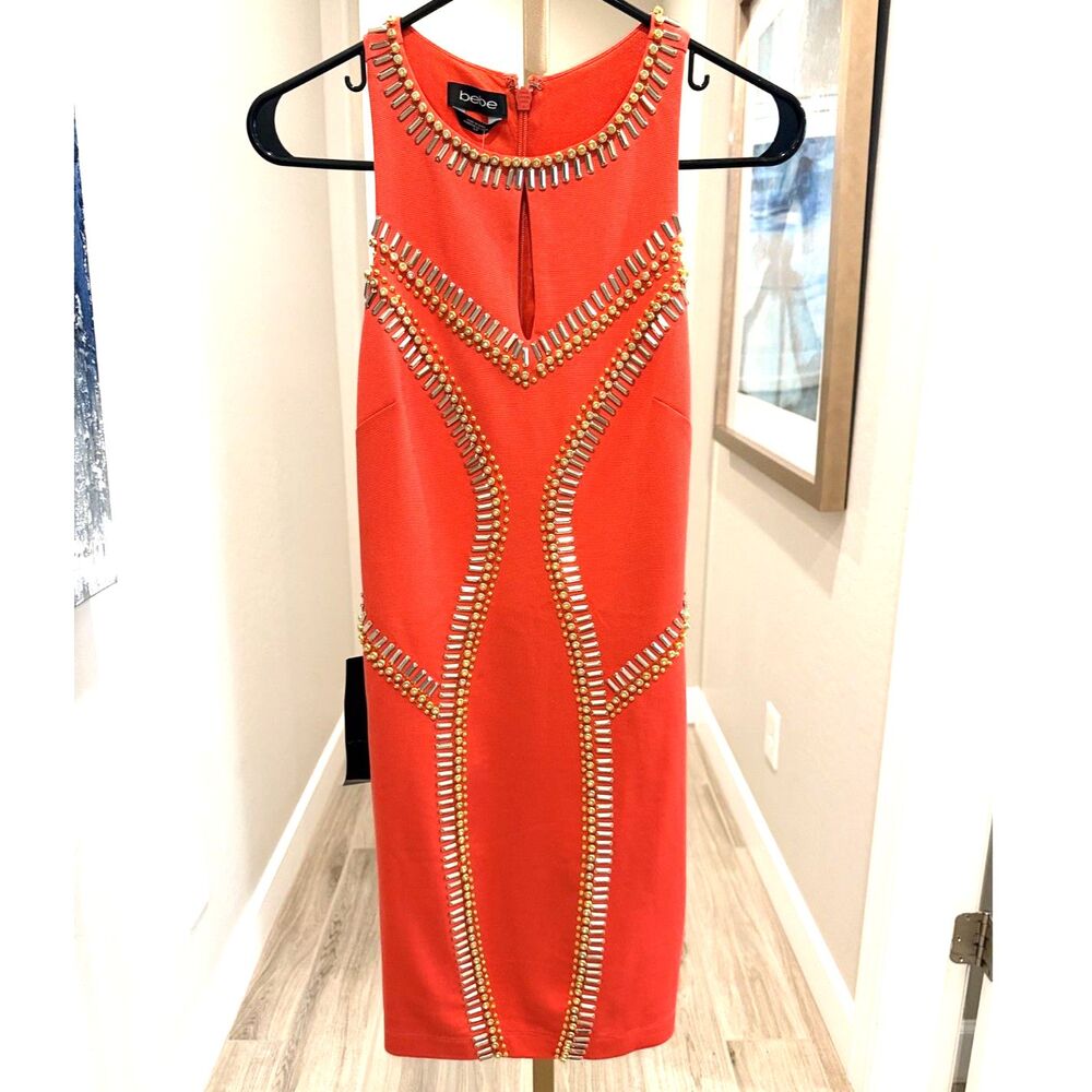NWT Bebe Coral Embellished Bodycon Homecoming Dress S Rhinestone Y2K $159